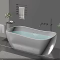 White Freestanding Bathtub With Water Green Plants Towel Rack And Gray Tile Floor