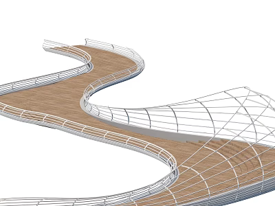 Modern Curved Landscape Bridge With Wooden Deck And White Metal Railings 3d model