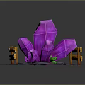 Vibrant Purple Crystal Cluster With Orange Wooden Fences Gray Stone Ground And Green Plants