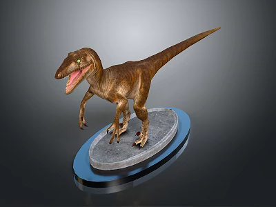 Velociraptor Dinosaur Model With Open Mouth Sharp Teeth Standing On Gray Circular Base Blue Edge 3d model