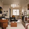 Modern Living Dining Room Interior With Leather Sofa Wooden Table Pendant Light And Decorative Art