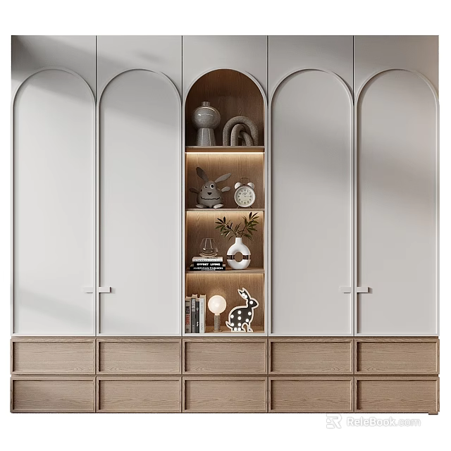 Modern Arched Wardrobe with Open Shelf Drawers and Decor Items in Light Wood Tones Interior 3d model 