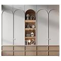 Modern Arched Wardrobe with Open Shelf Drawers and Decor Items in Light Wood Tones Interior