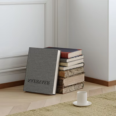 Gray Cloth-bound Book and Stacked Books with White Mug on Wooden Floor Corner 3d model