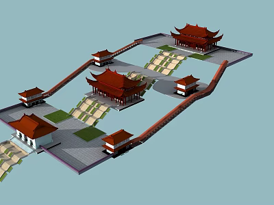 Traditional Ancient Architecture With Red Roofs Multiple Buildings And Courtyard Design 3d model