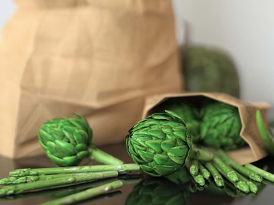Eco Friendly Reusable Paper Bags With Fresh Green Artichokes And Asparagus 3d model