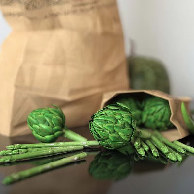 Eco Friendly Reusable Paper Bags With Fresh Green Artichokes And Asparagus 3d model