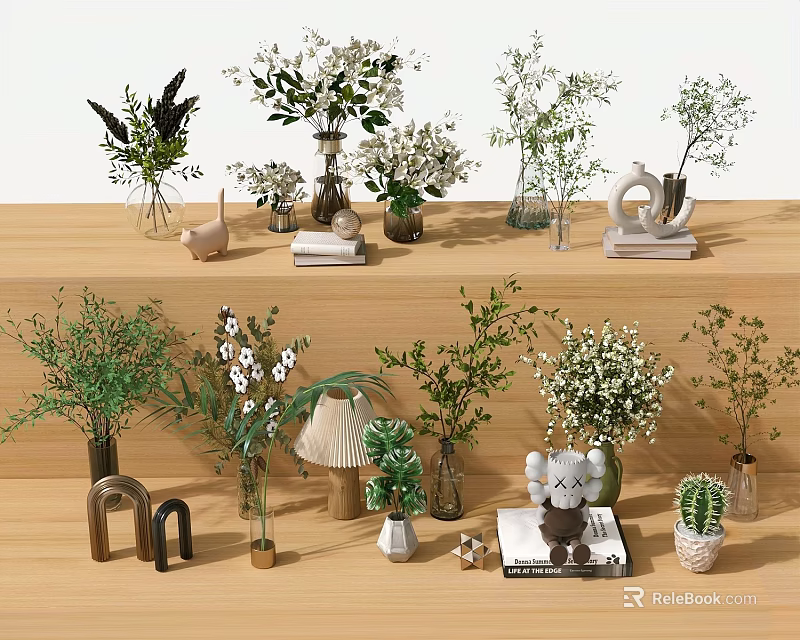 Various Decorative Vases With Greenery And White Flowers On Wooden Shelf With Small Decor Items 3d model 