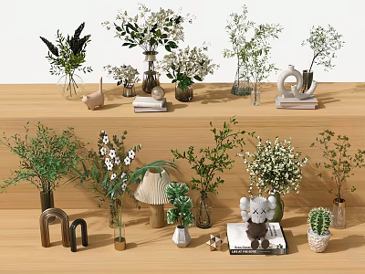 Various Decorative Vases With Greenery And White Flowers On Wooden Shelf With Small Decor Items 3d model