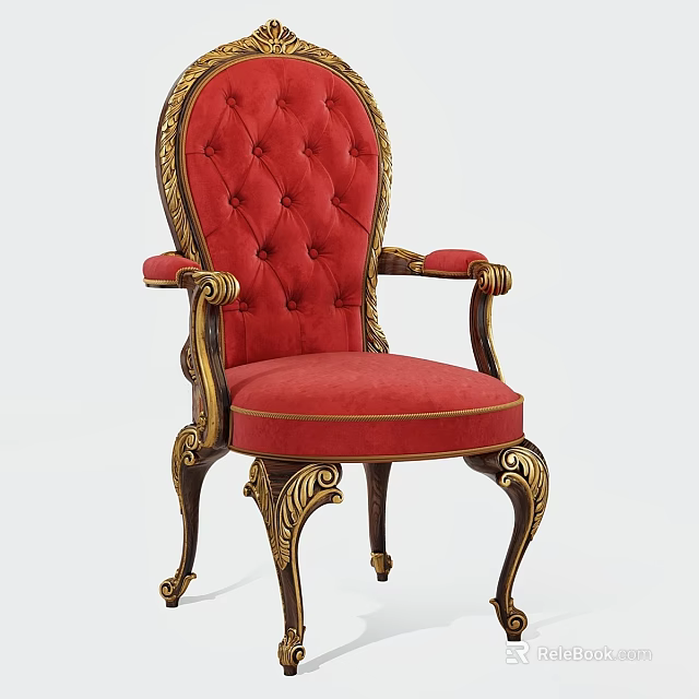 Red Upholstered Single Chair With Button Tufted Backrest And Gold Carved Armrests Legs 3d model 
