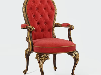 Red Upholstered Single Chair With Button Tufted Backrest And Gold Carved Armrests Legs 3d model
