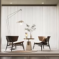 Modern Table and Chair Set with Floor Lamp Potted Plant Round Rug and Window Blinds