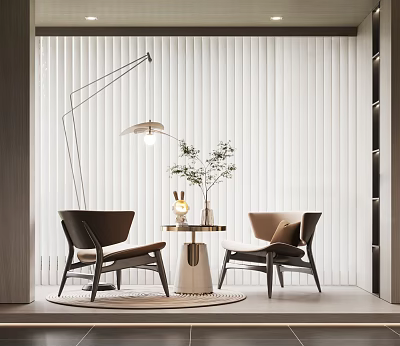 Modern Table and Chair Set with Floor Lamp Potted Plant Round Rug and Window Blinds 3d model