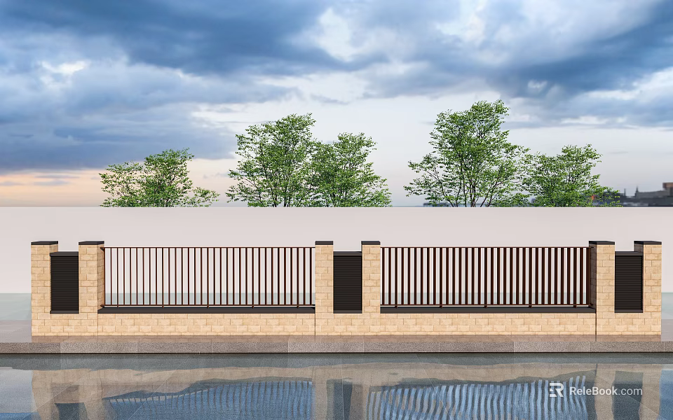 Modern Garden Wall Design With White Railings Black Pillars Green Trees And Water Reflection 3d model 