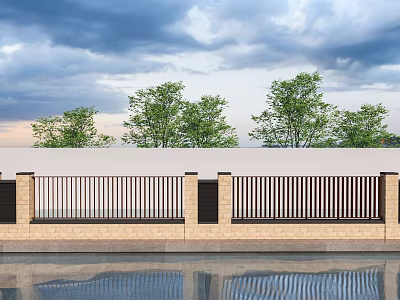 Modern Garden Wall Design With White Railings Black Pillars Green Trees And Water Reflection 3d model