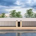 Modern Garden Wall Design With White Railings Black Pillars Green Trees And Water Reflection