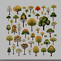 Floral Art Display With Colorful Tree Shapes In Green Yellow Orange On White Background