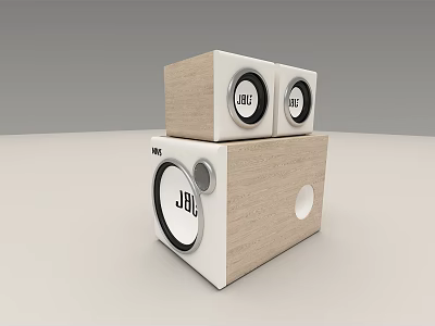 JBL Wooden Speakers Stacked with Two Top Speakers and One Bottom Speaker with Control Knob 3d model