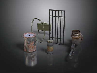 Old Rusty Barrel Green Machine Iron Gate Metal Pipe And Small Can Collection 3d model