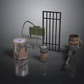 Old Rusty Barrel Green Machine Iron Gate Metal Pipe And Small Can Collection