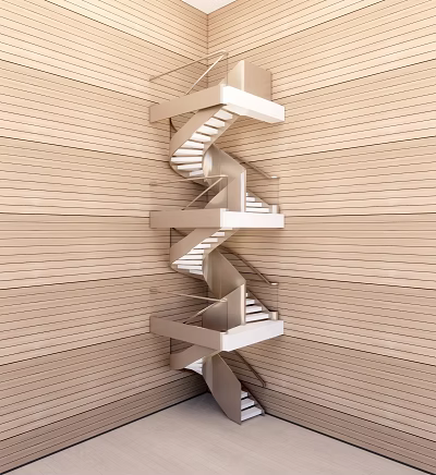 Spiral Staircase Modern Interior Design With Wooden Panel Walls And Curved Handrail 3d model