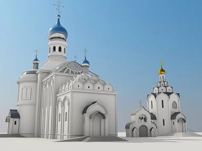 White Church Building With Blue Domes Golden Dome And Crosses 3d model