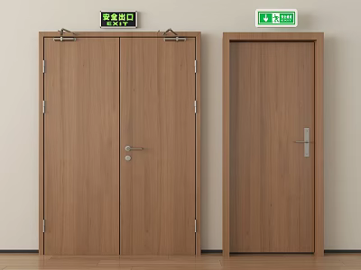Modern Fire Safety Equipment Featuring Wooden Fire Doors And Green Exit Signs 3d model
