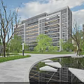 Modern Residential Building Featuring Glass Metal Facade Surrounded By Greenery Trees Pool And Walkway