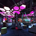 Vibrant Modern Bar Interior With Hexagonal Purple White Ceiling Lights Sofas And Tables 3d model