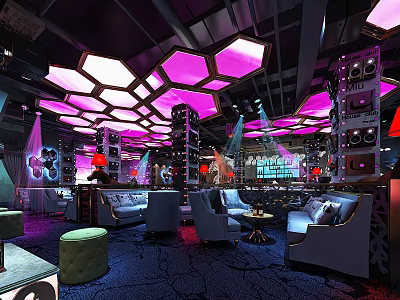 Vibrant Modern Bar Interior With Hexagonal Purple White Ceiling Lights Sofas And Tables 3d model
