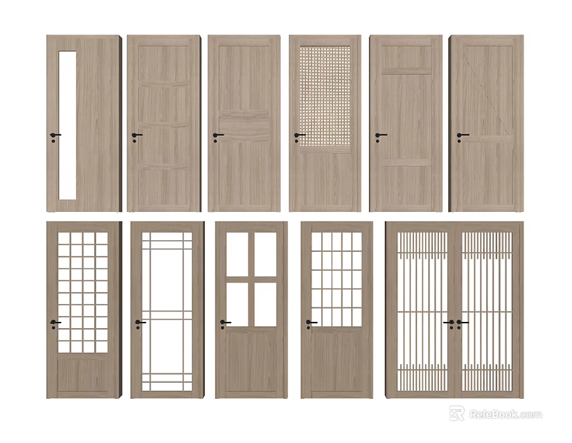 Various Wooden Swing Door Designs With Glass Panels And Grid Patterns 3d model