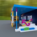 Modern Display Cabinets And Shelves With Blue Yellow Exterior And Poster Display Area
