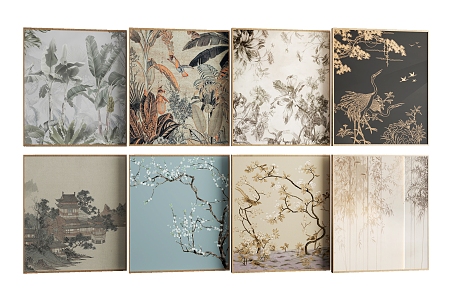 New Chinese Style Flower and Bird Decorative Painting Wallpaper Wall Cloth Display 3d model