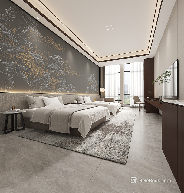 Modern Luxury Hotel Guest Room With Twin Beds Chinese Mural And Floor To Ceiling Windows 3d model 