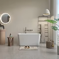 Modern Bathroom Interior With White Freestanding Bathtub Round Mirror And Green Window View
