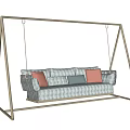 Outdoor Playground Hanging Swing Sofa With Metal Frame Blue White Checkered Fabric And Colorful Cushions