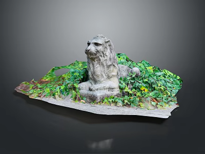 Garden Ornament Lion Sculpture Surrounded by Lush Green Vines and Yellow Flowers 3d model