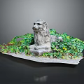 Garden Ornament Lion Sculpture Surrounded by Lush Green Vines and Yellow Flowers