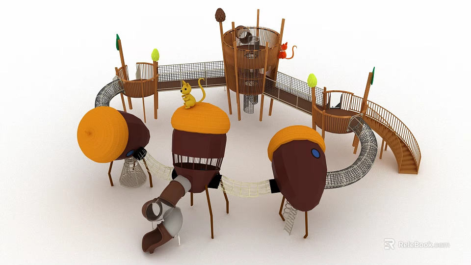 Wooden Playground Equipment With Tower Climbing Nets Slides And Circular Orange Tops 3d model 