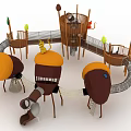 Wooden Playground Equipment With Tower Climbing Nets Slides And Circular Orange Tops