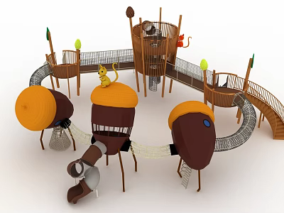 Wooden Playground Equipment With Tower Climbing Nets Slides And Circular Orange Tops 3d model