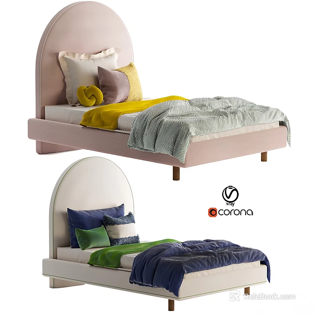 Cozy Upholstered Headboard Kids Bed with Colorful Pillows Soft Blankets Yellow Green Blue 3d model 