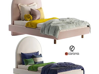 Cozy Upholstered Headboard Kids Bed with Colorful Pillows Soft Blankets Yellow Green Blue 3d model
