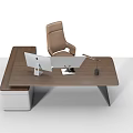 Modern Office Desk with iMac Computer Pen Holder Brown Leather Chair and Drawer Cabinet