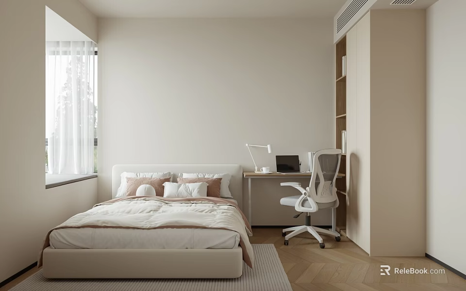 Minimalist Modern Bedroom Interior With Bed Pillows Window Desk Laptop And Chair 3d model 