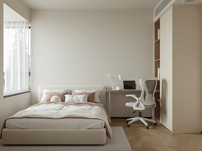 Minimalist Modern Bedroom Interior With Bed Pillows Window Desk Laptop And Chair 3d model