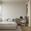 Minimalist Modern Bedroom Interior With Bed Pillows Window Desk Laptop And Chair