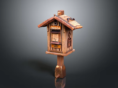 Wooden Birdhouse With Shingle Roof On Carved Post And Detailed Design 3d model