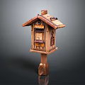 Wooden Birdhouse With Shingle Roof On Carved Post And Detailed Design
