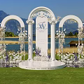 Commercial Equipment For Outdoor Wedding With White Arches Chairs Lake And Mountain Views